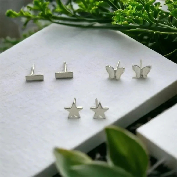 Silver Bohemian Mini Bar & Butterfly & Star Stud Earrings - Picture 5 of 12